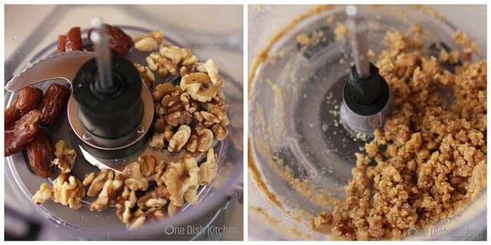 Walnuts and dates in a food processor blended together for the crust