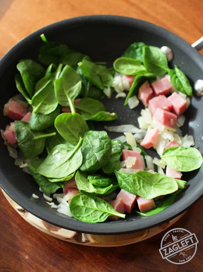 Ham, spinach, and onions in a fry pan