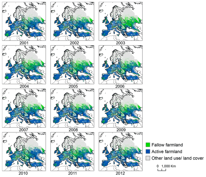 Map time series showing results of NDVI classification of fallow and active farmland across Europe from 2001 to 2012.
