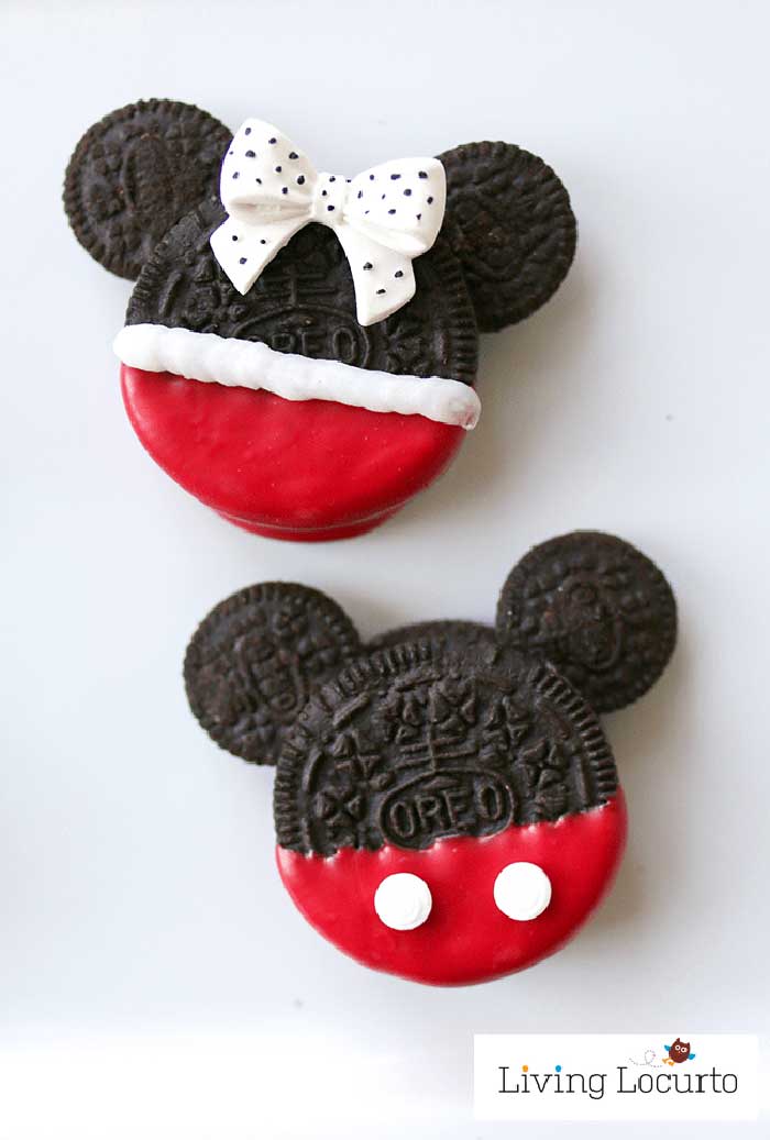 Oreo Cookies decorated and shaped to resemble Mickey and Minnie Mouse.