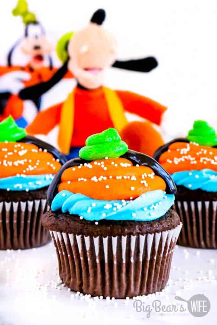 A brightly colored chocolate cupcake
