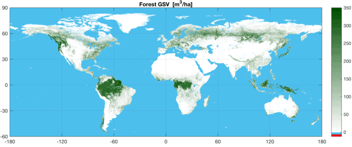 Map showing global growing stock volume (GSV) – the amount of wood expressed in cubic metres per hectare – derived from satellite radar data in 2010. Dark green represents areas of high growing stock volume, while white areas have none. Map: GlobBiomass project, ESA, 2017.