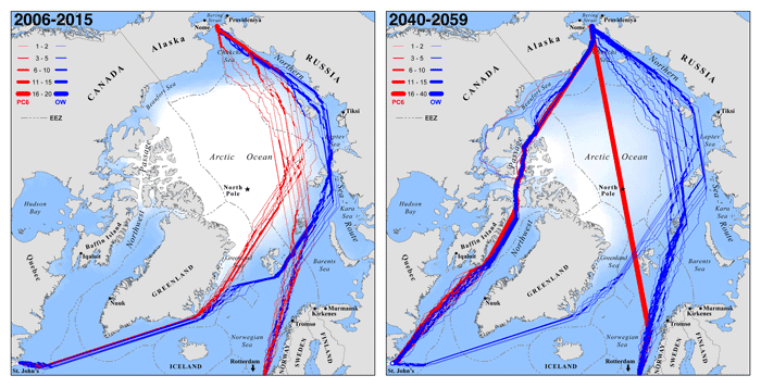 Modeled optimal September navigation routes for hypothetical ships seeking to cross the Arctic Ocean between the North Atlantic (Rotterdam, The Netherlands and St. John’s, Newfoundland) and the Pacific (Bering Strait) during consecutive years 2006–2015 and 2040–2059. Source: Smith and Stephenson, 2013.