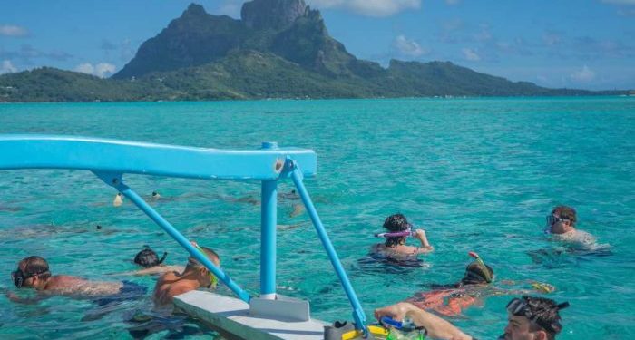 Snorkeling in crystal clear blue water off of bora bora