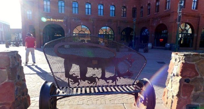 a square in Flagstaff has artful benches, skaters and shops