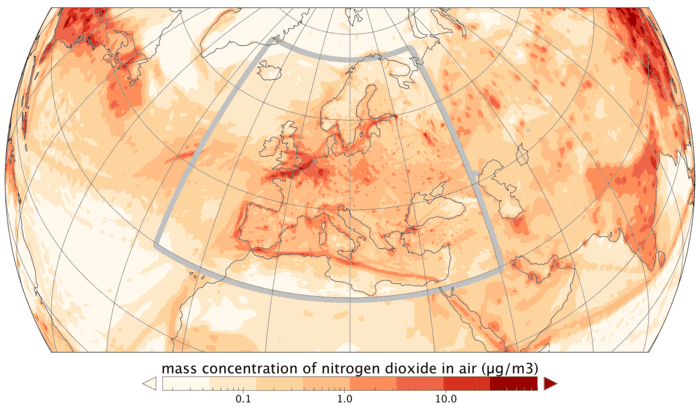 Map of concentrations of nitrogen dioxide forecasted for 17 June 2017 based on data from a number of satellites. The Copernicus Sentinel-5P mission will deliver daily forecasts of air pollution with a resolution of 7 × 3.5 km. Map: Copernicus Atmosphere Monitoring Service