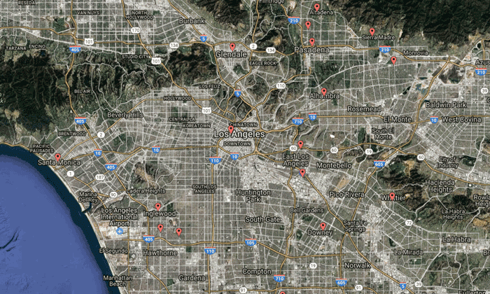 Map showing libraries in Los Angeles and the surrounding areas who are part of the Oculus Program.