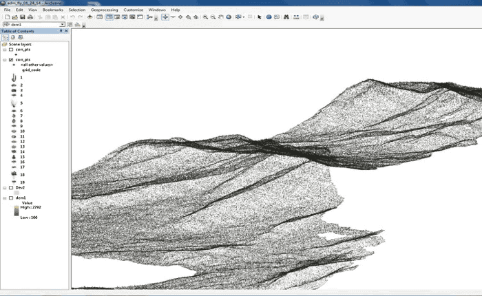 An Automated Design Model (ADM) for a wildlife corridor shown in ArcScene, a 3D viewer for GIS data.