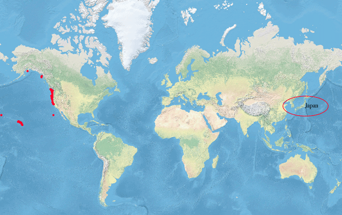 Map showing location of debris along the U.S. West Coast that traveled from Japan after the 2011 tsunami.