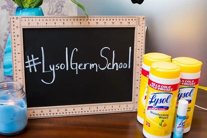 Lysol Germ School Lysol Germ School slate with Lysol products on table