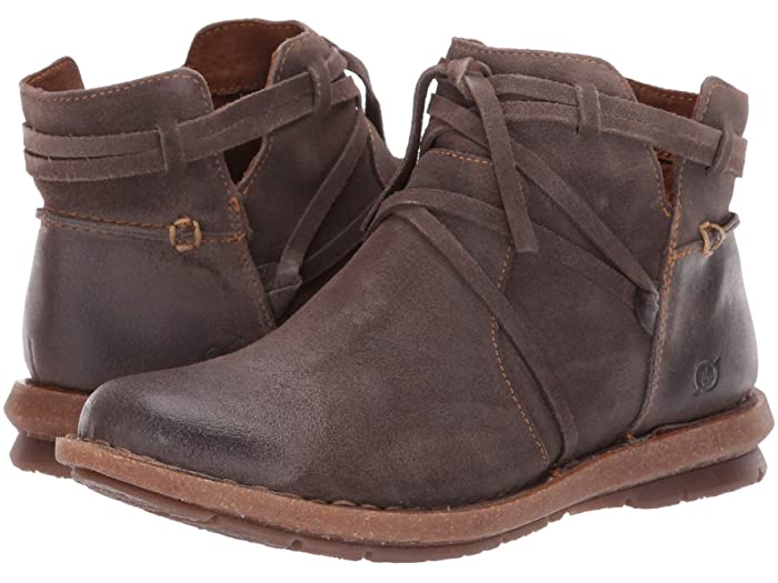 Born's strappy ankle boots in distressed gray with sturdy gum soles are ideal for busy fall family weekends.