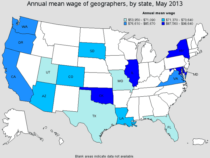 Mean salaries for geographers by state, May 2013. Source: BLS.