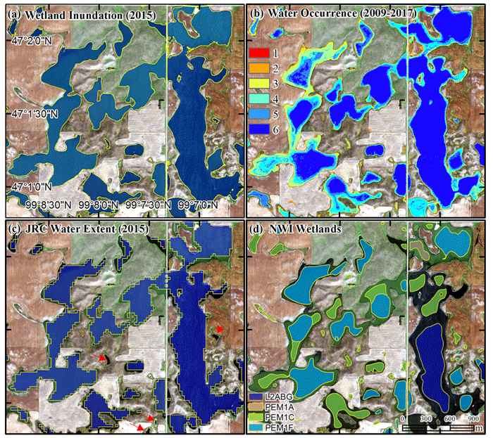 Comparison of wetland inundation maps. (a) NAIP imagery (September 2015) and LiDAR data (b) multi- temporal NAIP imagery (2009–2017) and LiDAR data (c) JRC Monthly Water History (September 2015) derived from Landsat data (d) National Wetlands Inventory (NWI) geospatial dataset derived from aerial photographs acquired in the 1980s. Source: Wu et al., 2019