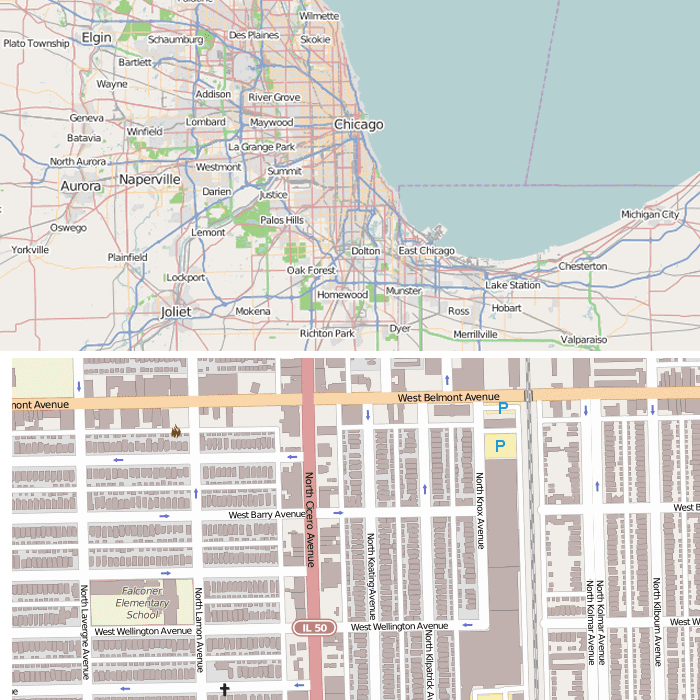 Small scale map showing Chicago (upper map) and a large scale map showing a neighborhood in Chicago (lower map).