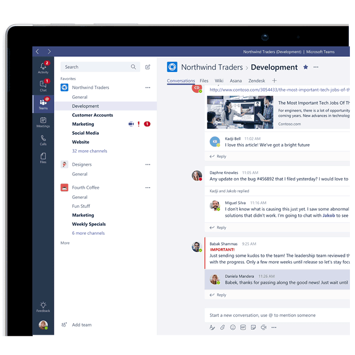 Interface de travail en équipe Microsoft Teams