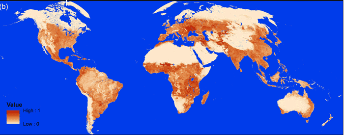 Road-benefits map: Areas where roads can potentially have large socioeconomic benefits, especially for agriculture.