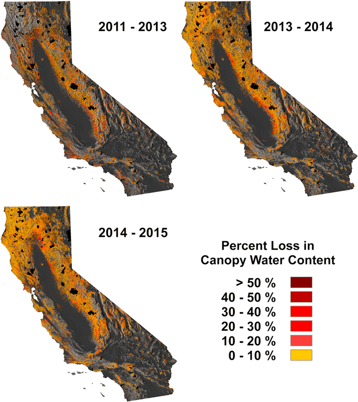Forest canopy water loss from 2011 to 2013, 2013 to 2014, and 2014 to 2015. Black areas indicate fire extents reported between 2011 and 2015 by the US Forest Service. From Asner et al, 2015.