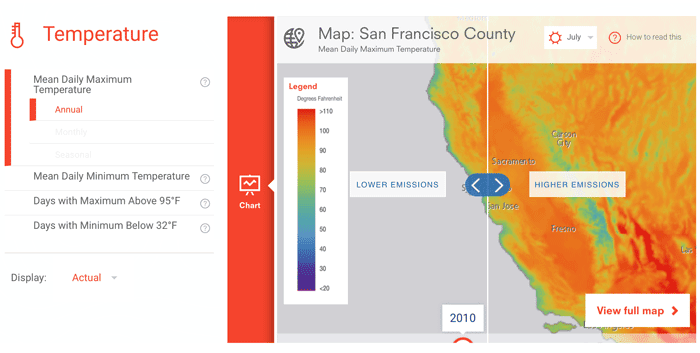Climate Explorer lets users adjust map settings to see predicted temperature changes.