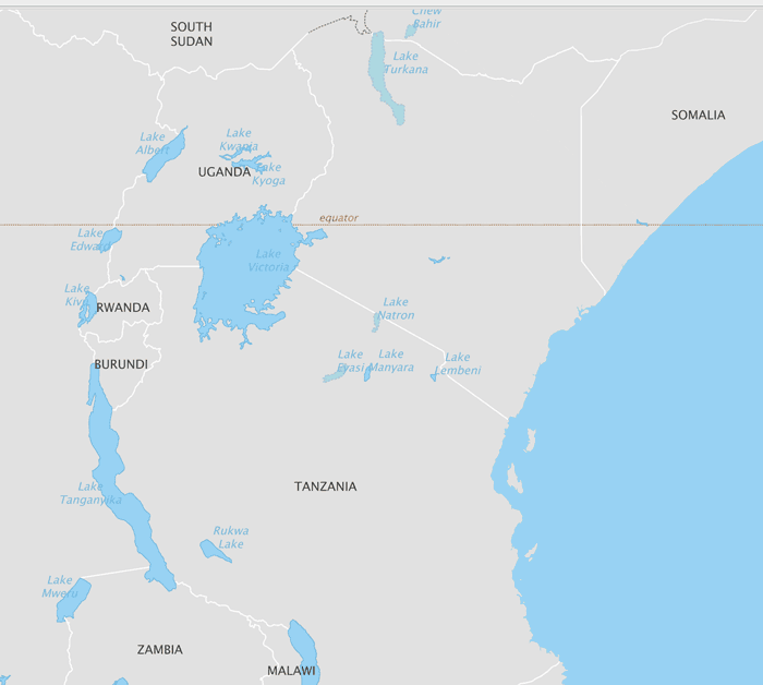 Lake Natron is located in northern Tanzania. Map created from Natural Earth data using the Quick Start QGIS kit.