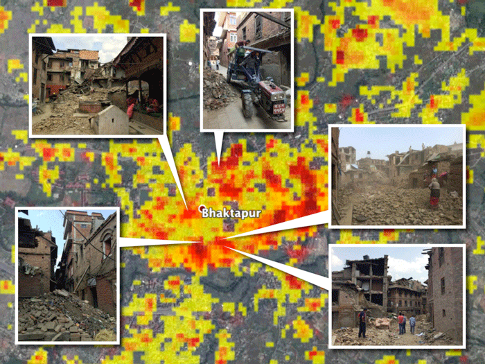 The 2015 earthquakes caused great damage in Bhakatpur, Nepal. These photos are overlaid on a damage proxy map derived from COSMO-SkyMed satellite data. Colors show increasingly significant change in terrain/building properties (including surface roughness and soil moisture). Red is most severe. Credits: NASA/JPL-Caltech/Google/DigitalGlobe/CNES/Astrium/Amy MacDonald/Thornton Tomasetti
