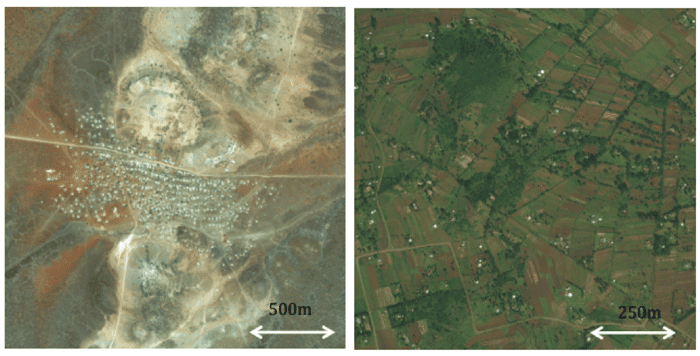 Dense settlements (left) can take advantage of short-range wireless hotspots. Sparse settlements (right) require long-range cellular technology. Images: Digitalglobe.