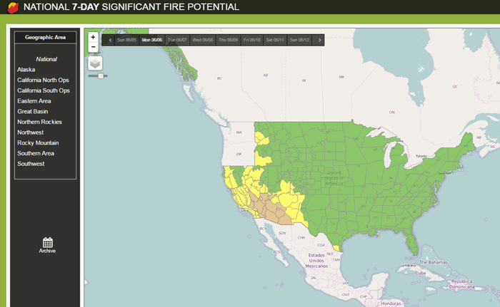Map of fire forecast showing seven-day fire potential. Source: NIFC