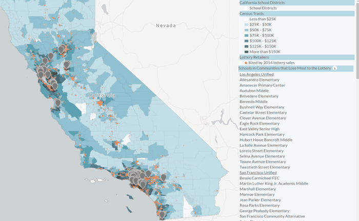 Map showing the location of retailers within school districts shaded by their average income. Source: edbuild.org.