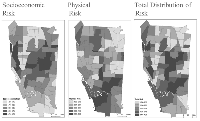 Maps showing Socioeconomic risk, physical risk, and total risk areas for drug abuse. From: Mendoza et. al, 2013).