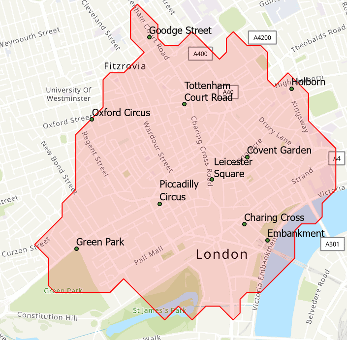 underground and train stations reachable within a 15-minute walk from Leicester Square in London. Map: Eric von Rees