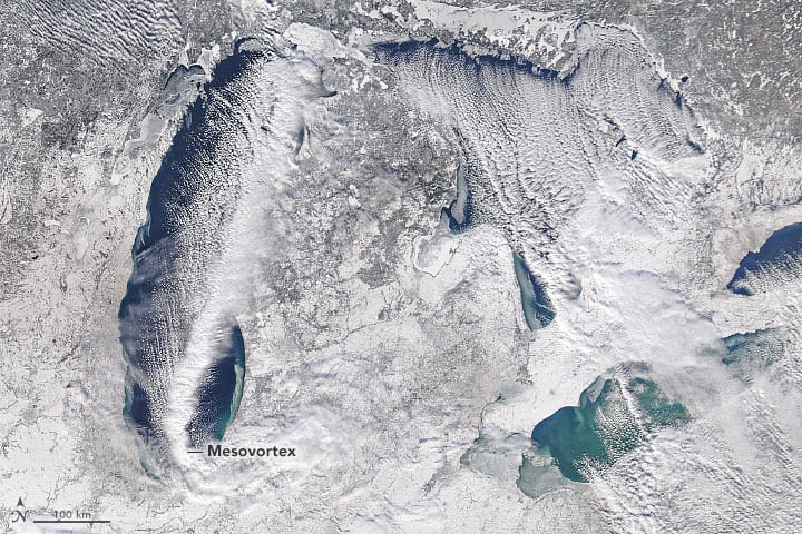 Satellite image of a strong band of lake-effect snow moving across Lake Michigan. Image: NASA, December 31, 2017
