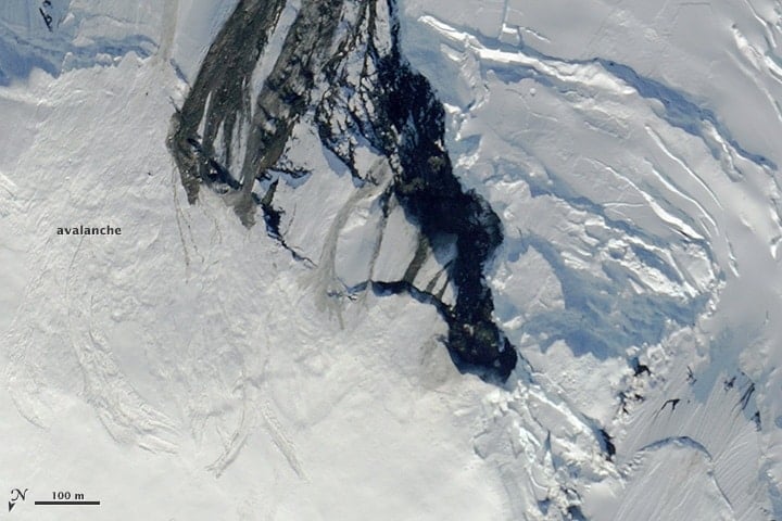 A camera onboard NASA's high-altitude ER-2 aircraft captured this earthquake induced avalanche in northwestern Canada. Source: NASA, public domain