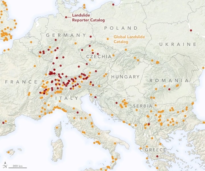 This map created by NASA shows how data points collected via the Landslide Reporter application are filling in gaps in landslide data coverage. Map: Lauren Dauphin, NASA.
