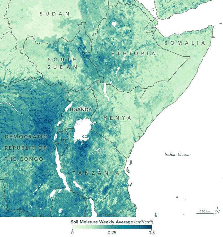 Researchers are using remote sensing observations of soil moisture and vegetation to map out environmental conditions conducive to promoting locust swarms. Map of soil conditions in Eastern Africa (locusts lay eggs in moist soil): NASA, 2020.