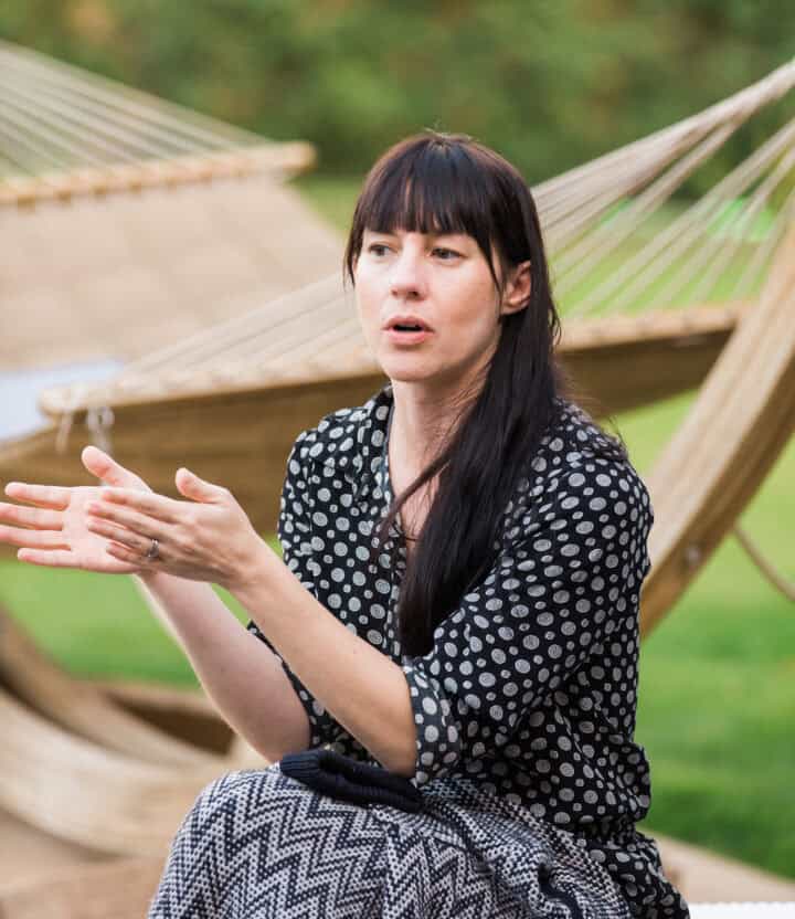 Jess Skewes with hands out and talking