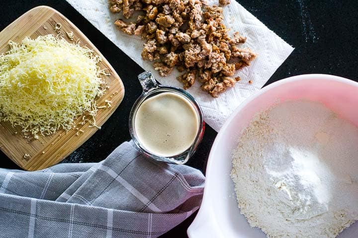 Ingredients for cheddar sausage Guinness beer bread.