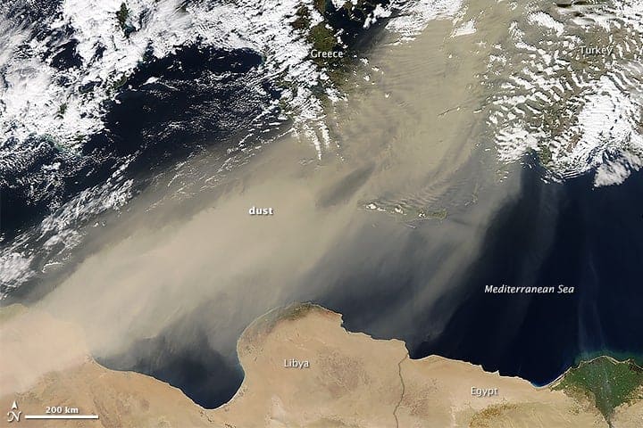 This The natural-color MODIS image shows the dust as it moved from North Africa, swept northeast over the Mediterranean Sea, and blanketed the atmosphere over Turkey and Greece. Source: NASA