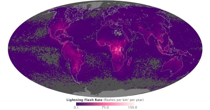 Map of Global Lightening Strikes. Source: NASA