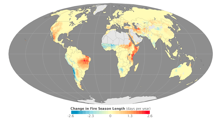 Changes in fire season length from 1979 to 2013. Map by Joshua Stevens, using data provided by Matt Jolly, USDA Forest Service.