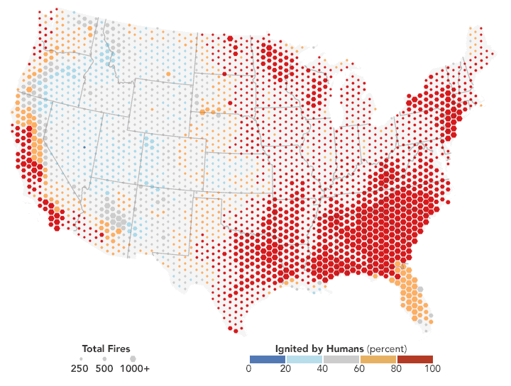 Map showing the percentage and frequency of fires caused by humans. Map: Joshua Stevens, using fire data courtesy of Balch, J. et al. (2017).