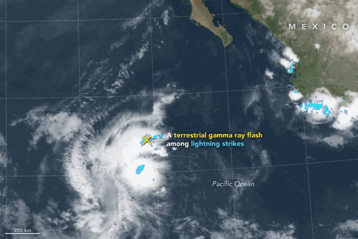A terrestrial gamma ray detected on August 3, 2014 over the Pacific Ocean west of Mexico. Image: J. Stevens, NASA with data from Roberts, O. J., et al. (2017).