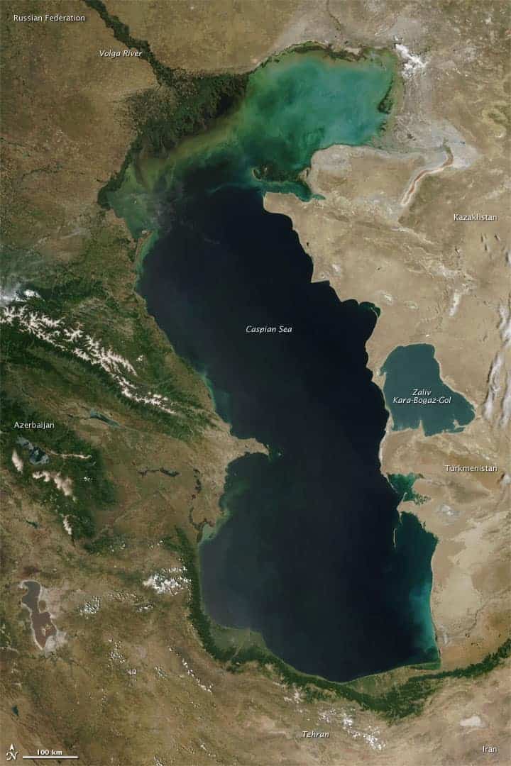 The Moderate Resolution Imaging Spectroradiometer (MODIS) on NASA’s Terra satellite captured this natural-color image of the Caspian Sea on June 4, 2010