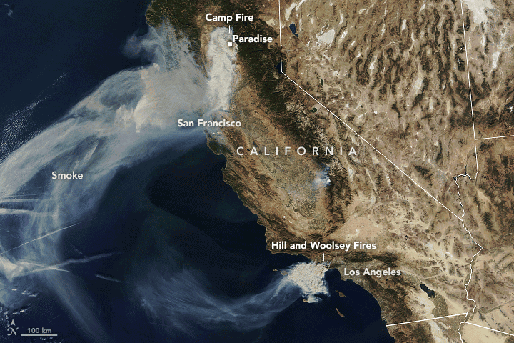 The Moderate Resolution Imaging Spectrometer (MODIS) on NASA's Terra satellite captured this natural-color image above on November 9, showing the path of smoke moving south and southwest.