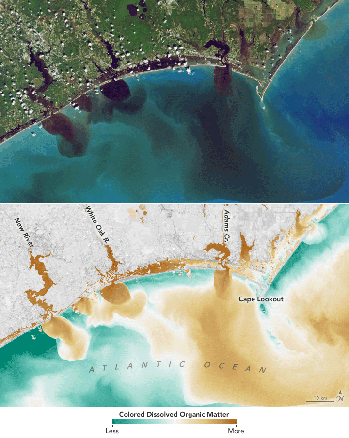 Storm runoff loaded with soils, sediments, decaying leaves, pollutants and other debris from the New and White Oak rivers and Adams Creek in North Carolina spills out into the Atlantic Ocean as revealed by visible and infrared data from Landsat. Source: NASA