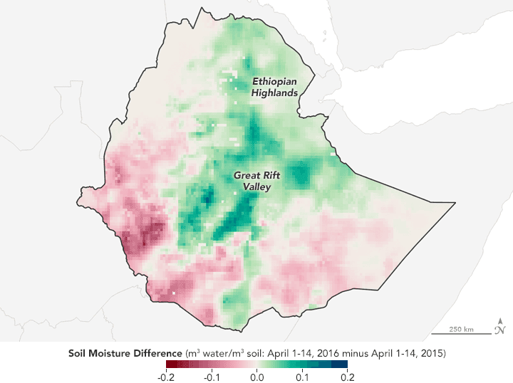 This map shows how soil moisture in Ethiopia, averaged from April 1 to April 14, 2016, differed from conditions one year earlier. The map is based on data from NASA’s Soil Moisture Active Passive (SMAP) satellite, which can estimate soil moisture in the surface layer—the top 5 centimeters of the ground. Source: NASA