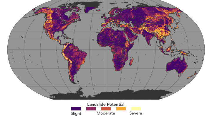 World map assessing landslide potential. NASA Earth Observatory images by Jesse Allen, using landslide susceptibility data provided by Thomas Stanley and Dalia Kirschbaum (NASA/GSFC), and topographic data from the Shuttle Radar Topography Mission (SRTM).