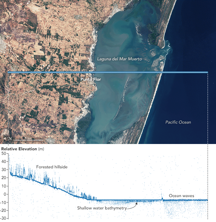ICESat-2 elevation data near Punta Flor, Mexico. Landsat imagery for reference. Sources: NASA and USGS. Visualization by Joshua Stevens.