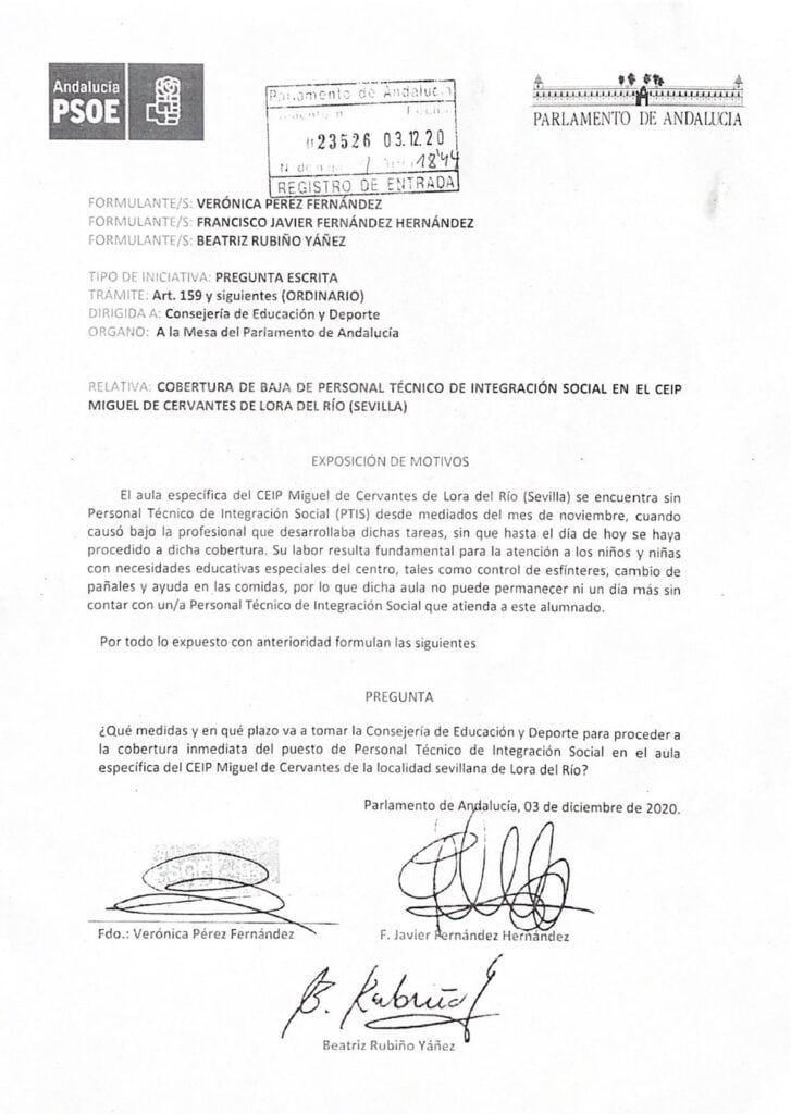 El portavoz del PSOE de Lora del Río registra una pregunta escrita en el Parlamento de Andalucía, para que se cubra la baja de PTIS del CEIP Miguel de Cervantes. 3 IMG 20201208 WA0003