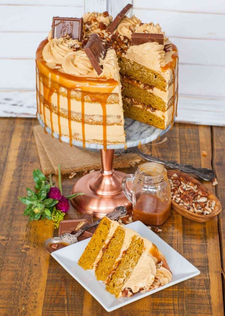 pumpkin cake recipe with caramel and pecans