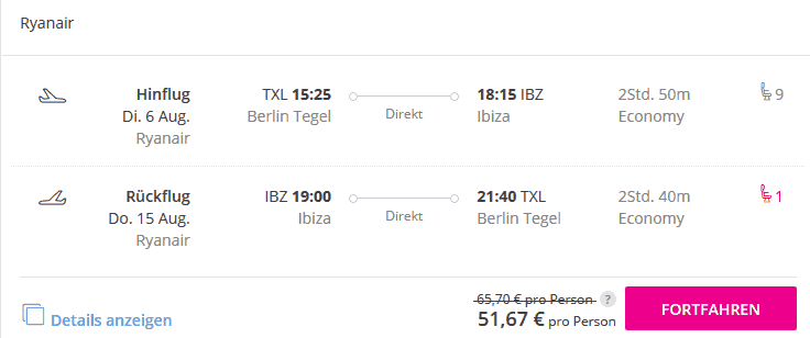 Screenshot Deal Blligflüge Ibiza ab 51,67€ hin & zurück Flüge - Last Minute Screenshot Deal Blligflüge Ibiza ab 51,67€ hin & zurück Flüge - Last Minute