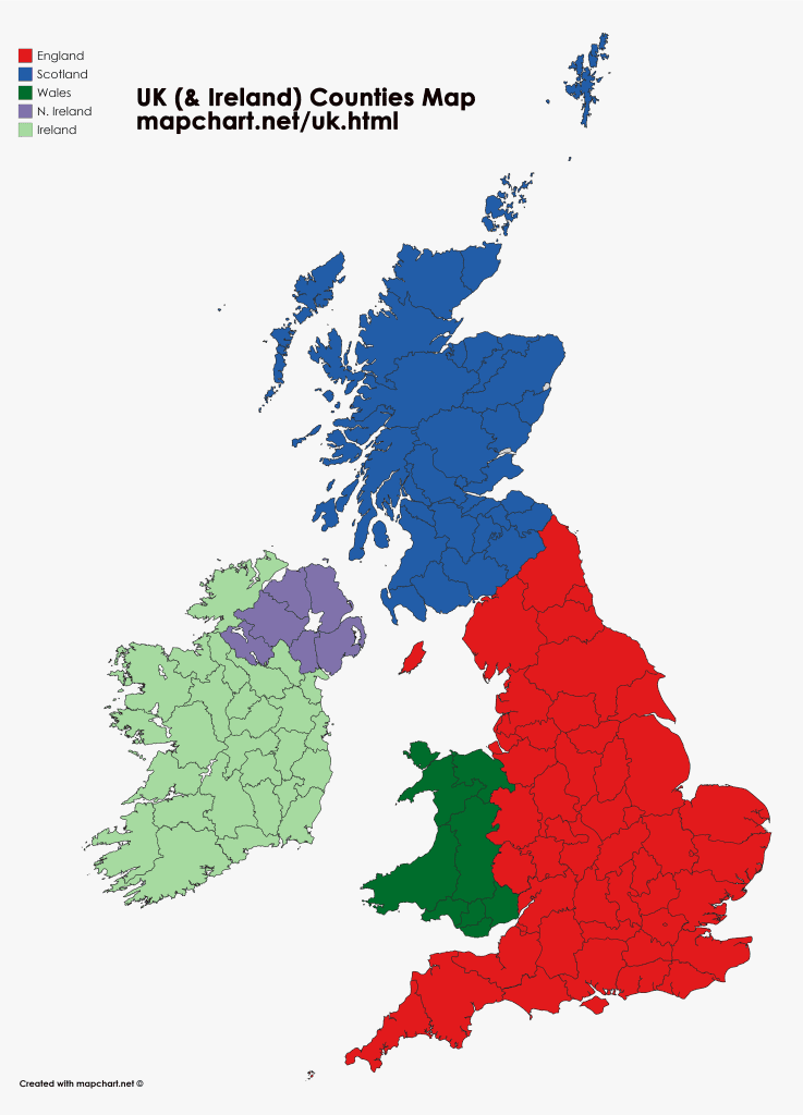United Kingdom map showing England, Wales, Scotland and N Ireland counties